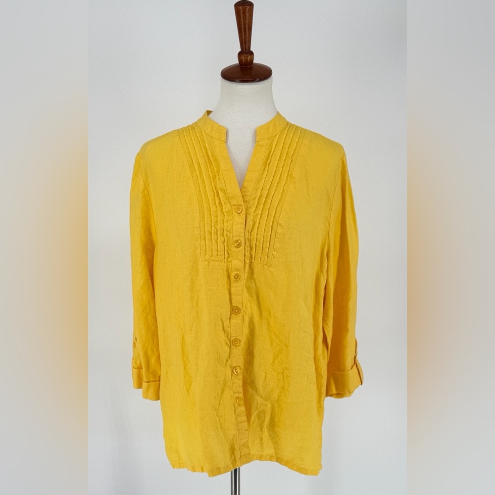 Kim Rogers Yellow Women's Button-Up Top 100% Linen Pintuck Pleats Sz. XL